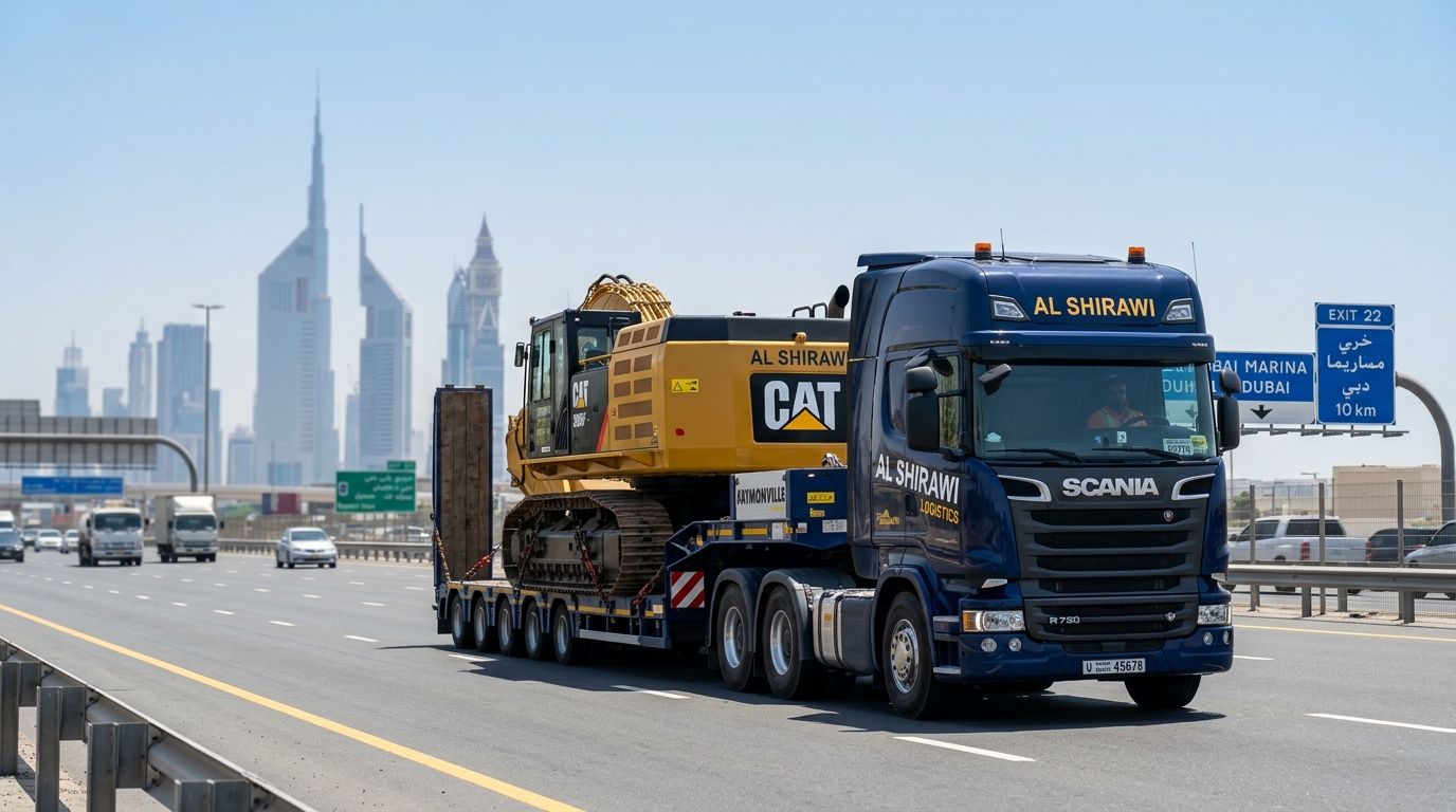 EQP AXIS Lowbed Trailer transporting yellow excavator in Dubai